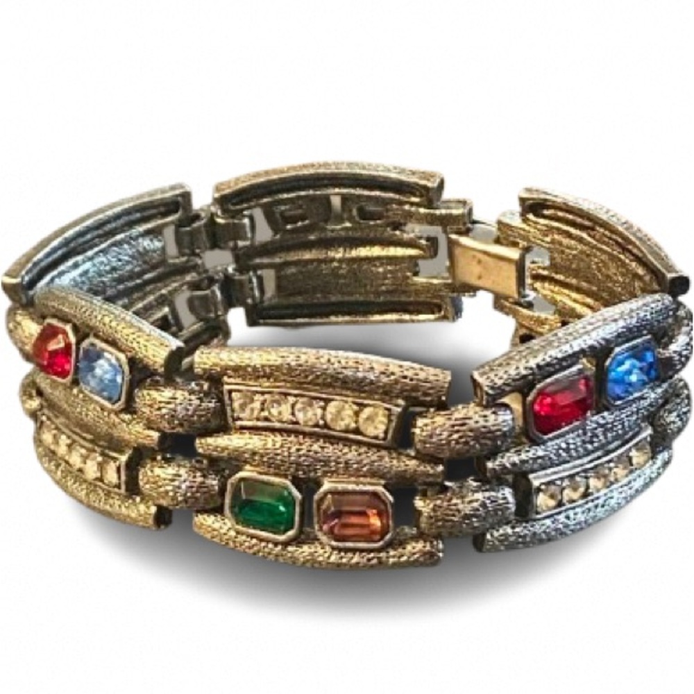 Vintage MCM Link Bracelet Multicolored Rhinestones Textured Silver Tone Metal